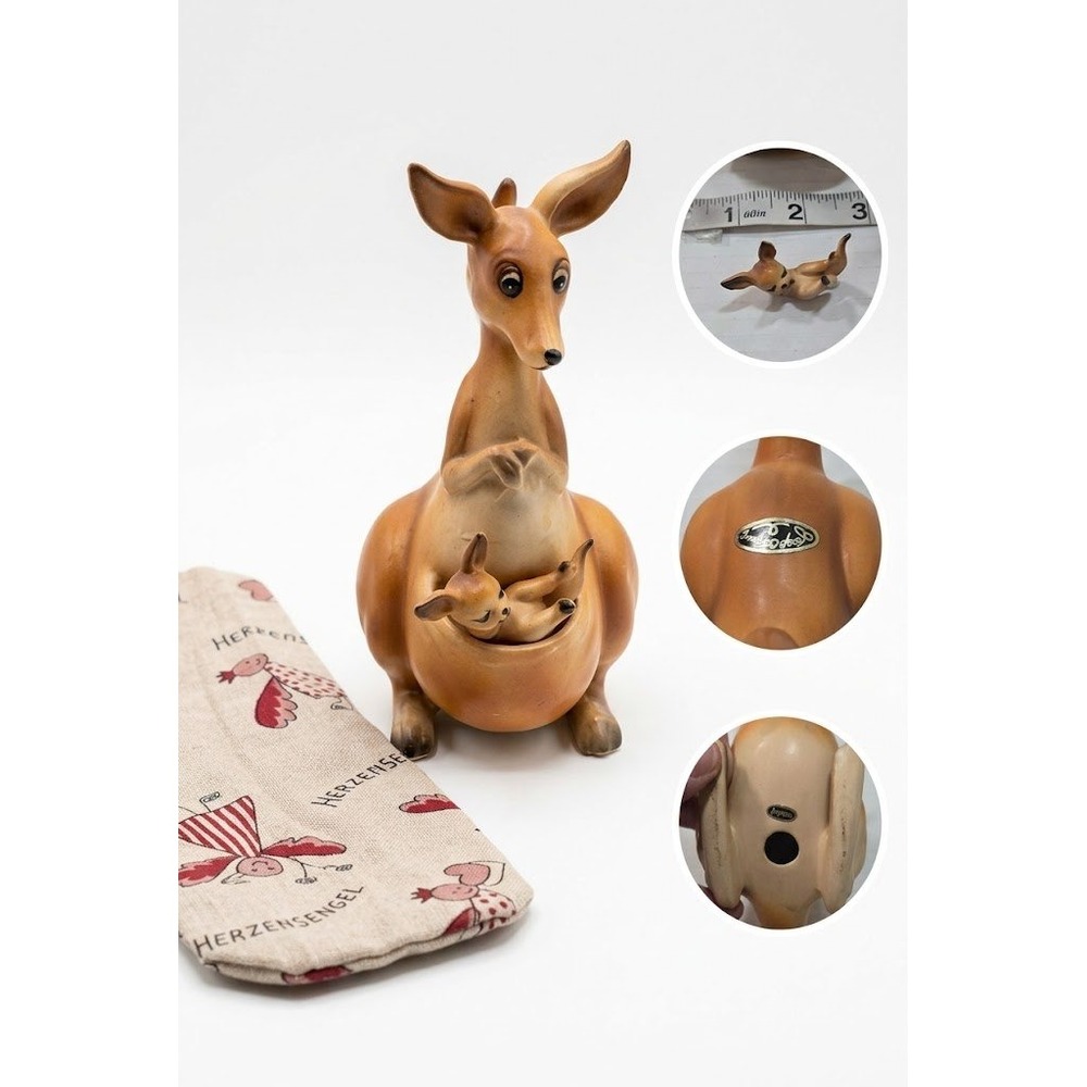Vintage Josef Originals Ceramic Kangaroo with Removable Baby Joey Japan Foil